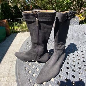 Black suede Burberry buckle boots